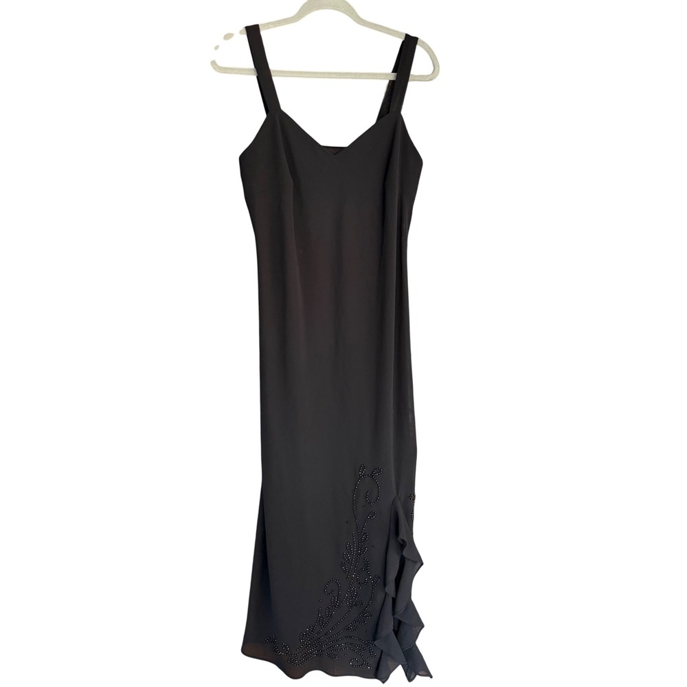 R&M Richards Formal Dress Womens 10 Black Beaded Ruffle Slit Chiffon Sweetheart
